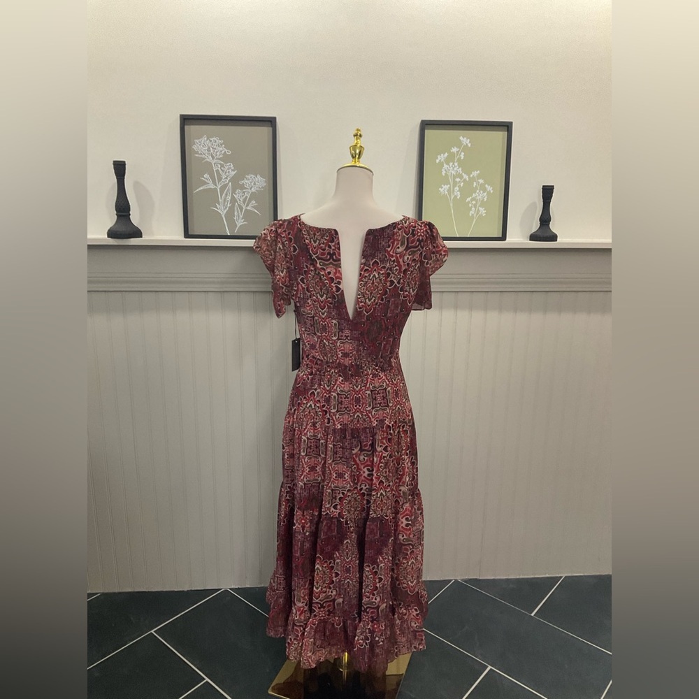Vince Camuto Boho Print Midi Dress w/ Pockets Semi-Sheer Sleeves – Size 8 NWT - Picture 4 of 5